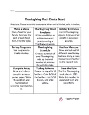 A choice board with nine Math activities about Thanksgiving 