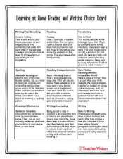 Learning at Home Reading and Writing Choice Board