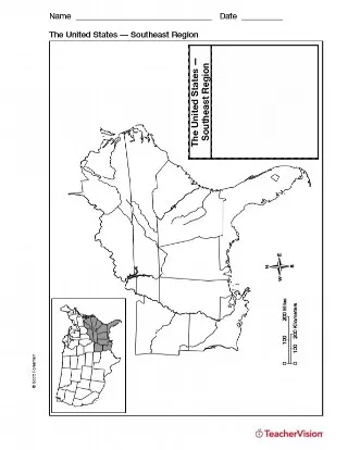 Map of Southeast United States - Geography Printable (1st-8th Grade) -  TeacherVision