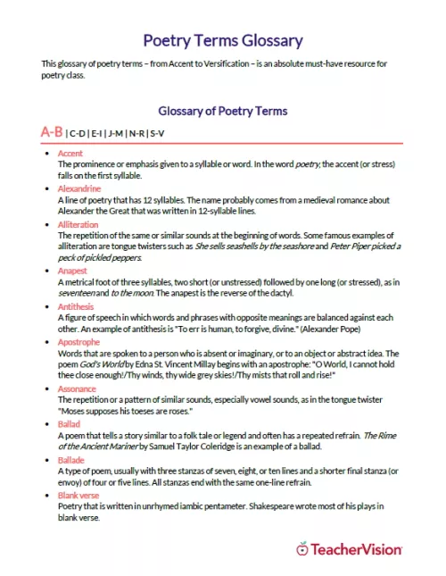 Poetry Terms Printable List for Students - TeacherVision